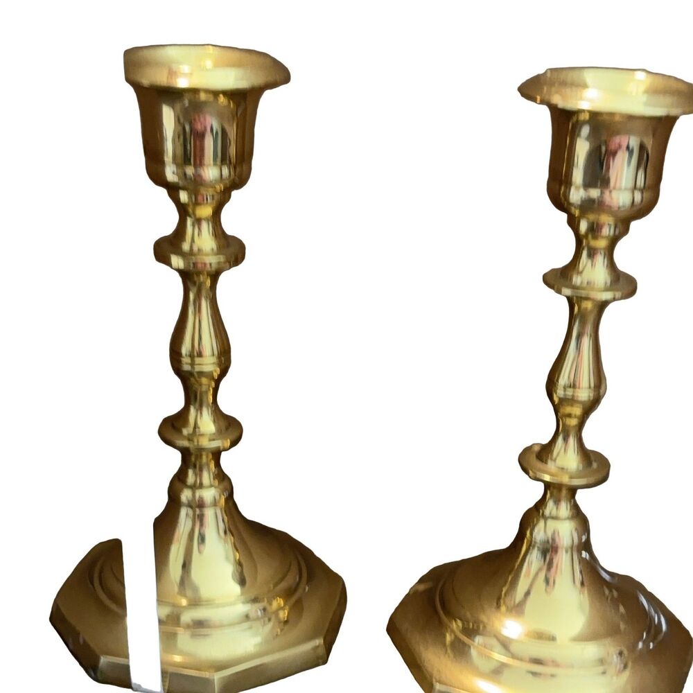 Brass Candlesticks Set of 2 Gold 5" Tall Octagonal Base Candle Holders